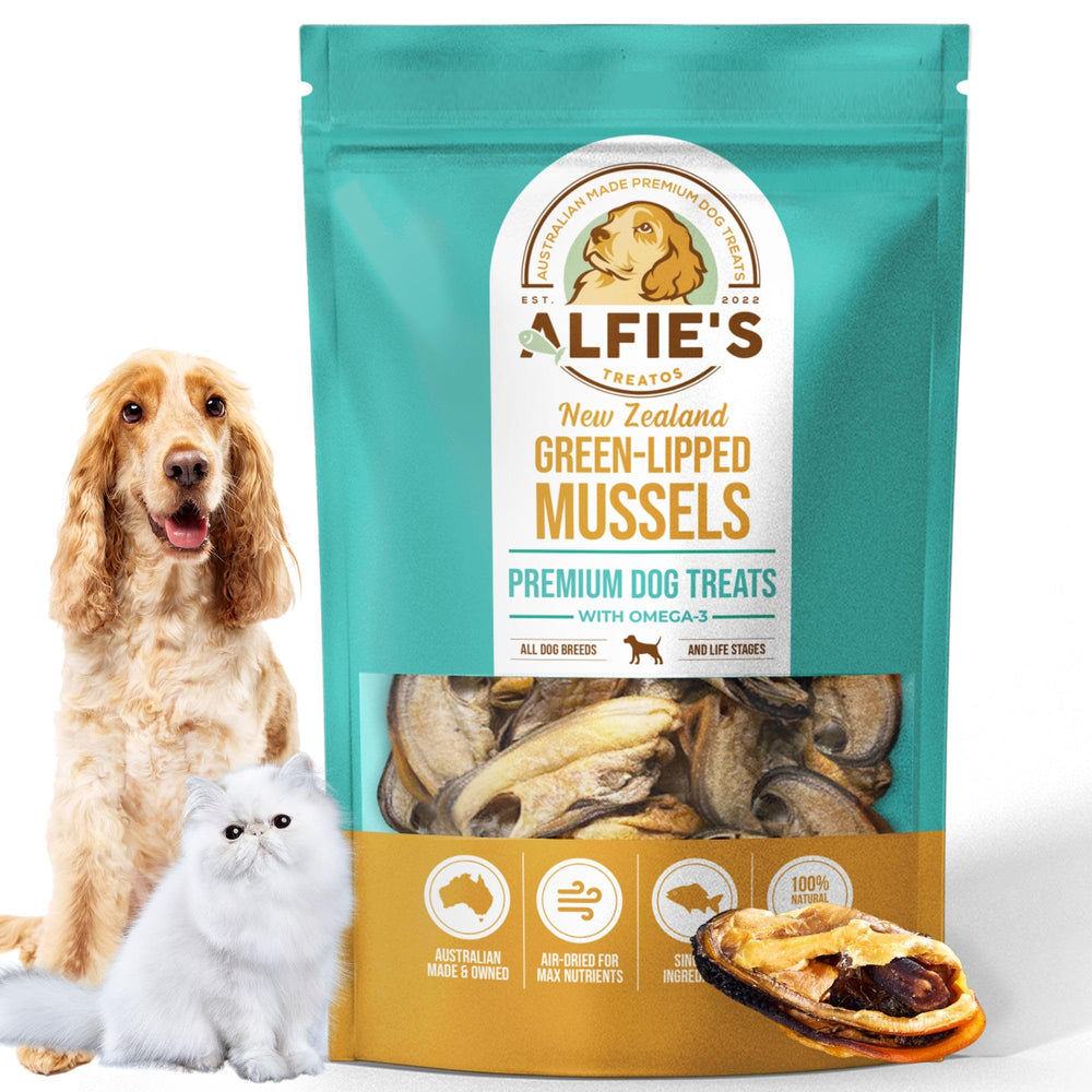 ALFIE'S TREATOS green-lipped mussels in a bag—premium omega-3 pet snack.