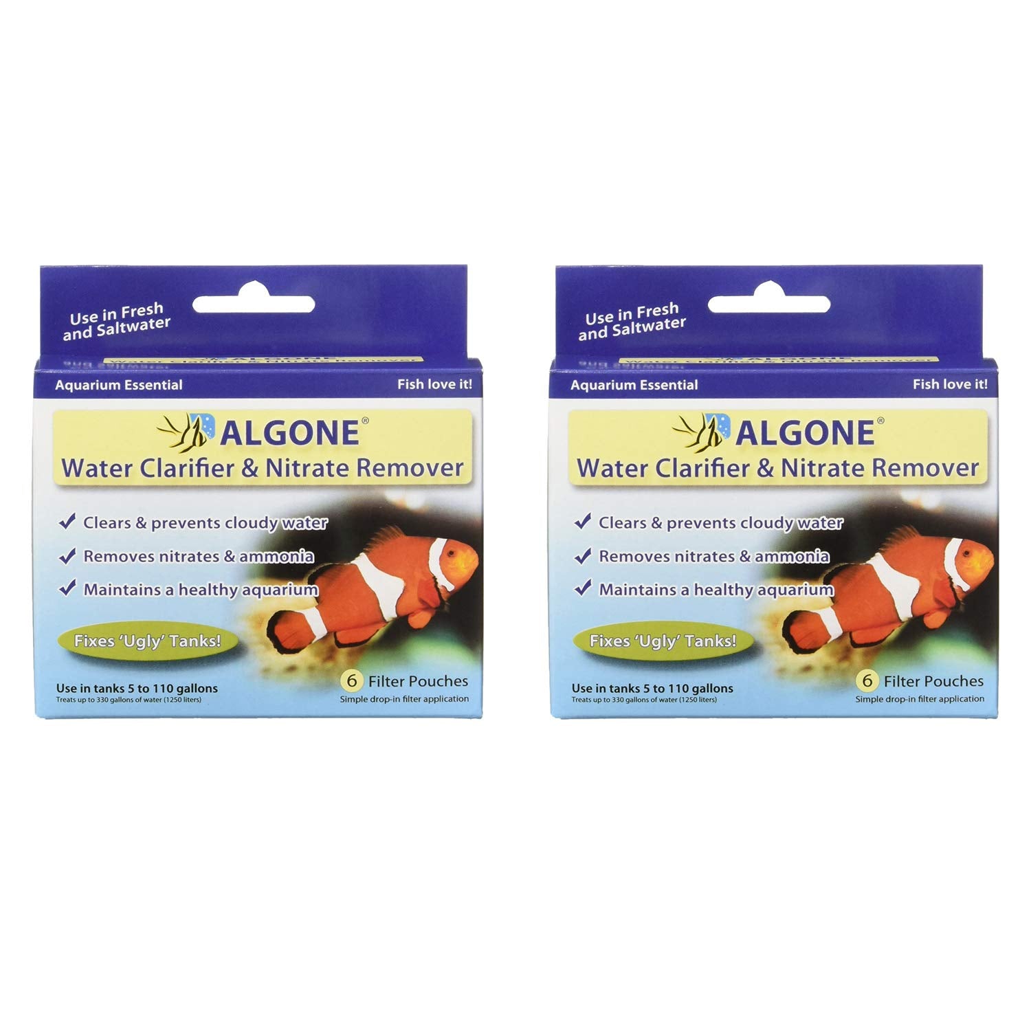 Algone Aquarium Water Clarifier with 6 filter pouches in a 2-pack for clearer water
