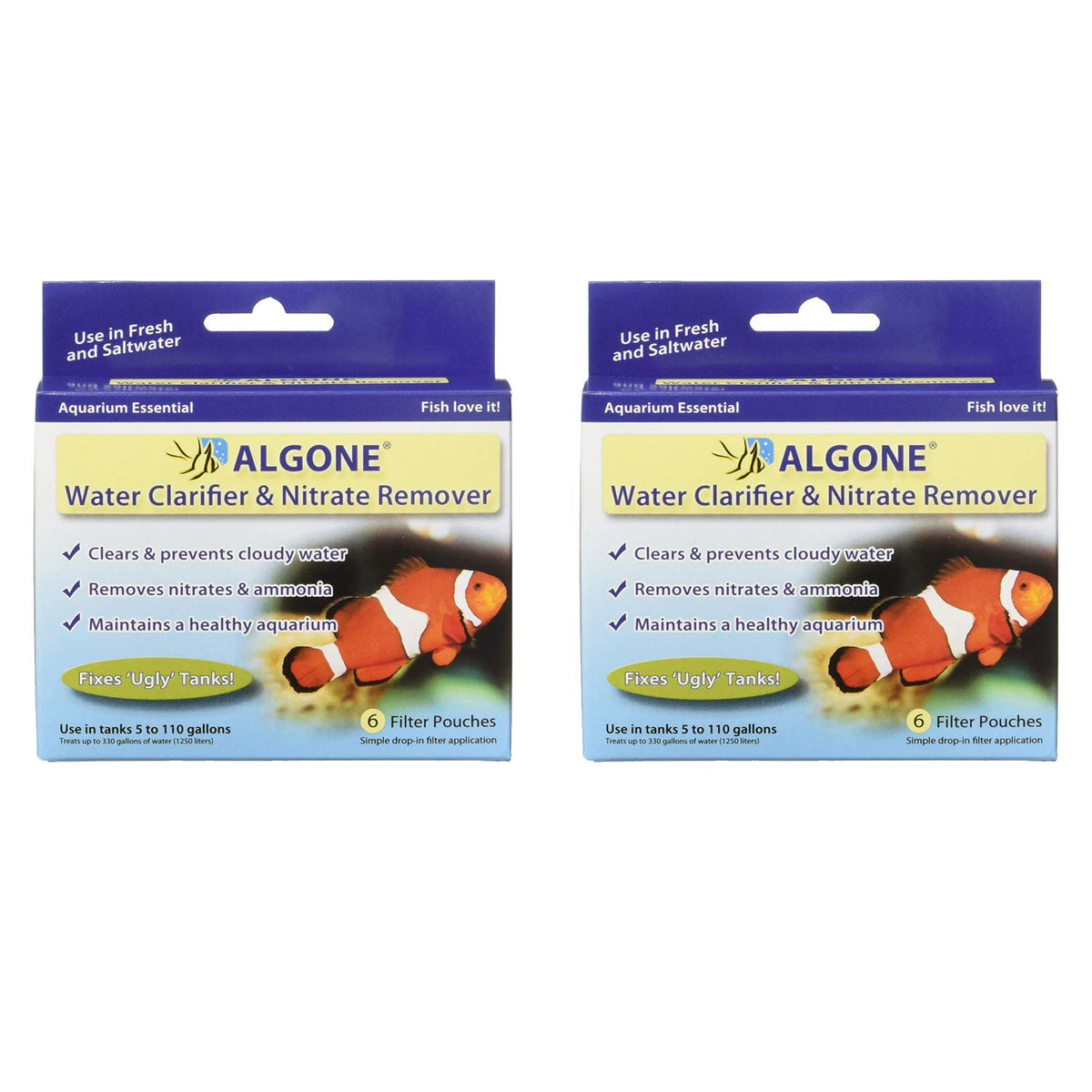 Algone Aquarium Water Clarifier with 6 filter pouches in a 2-pack for clearer water
