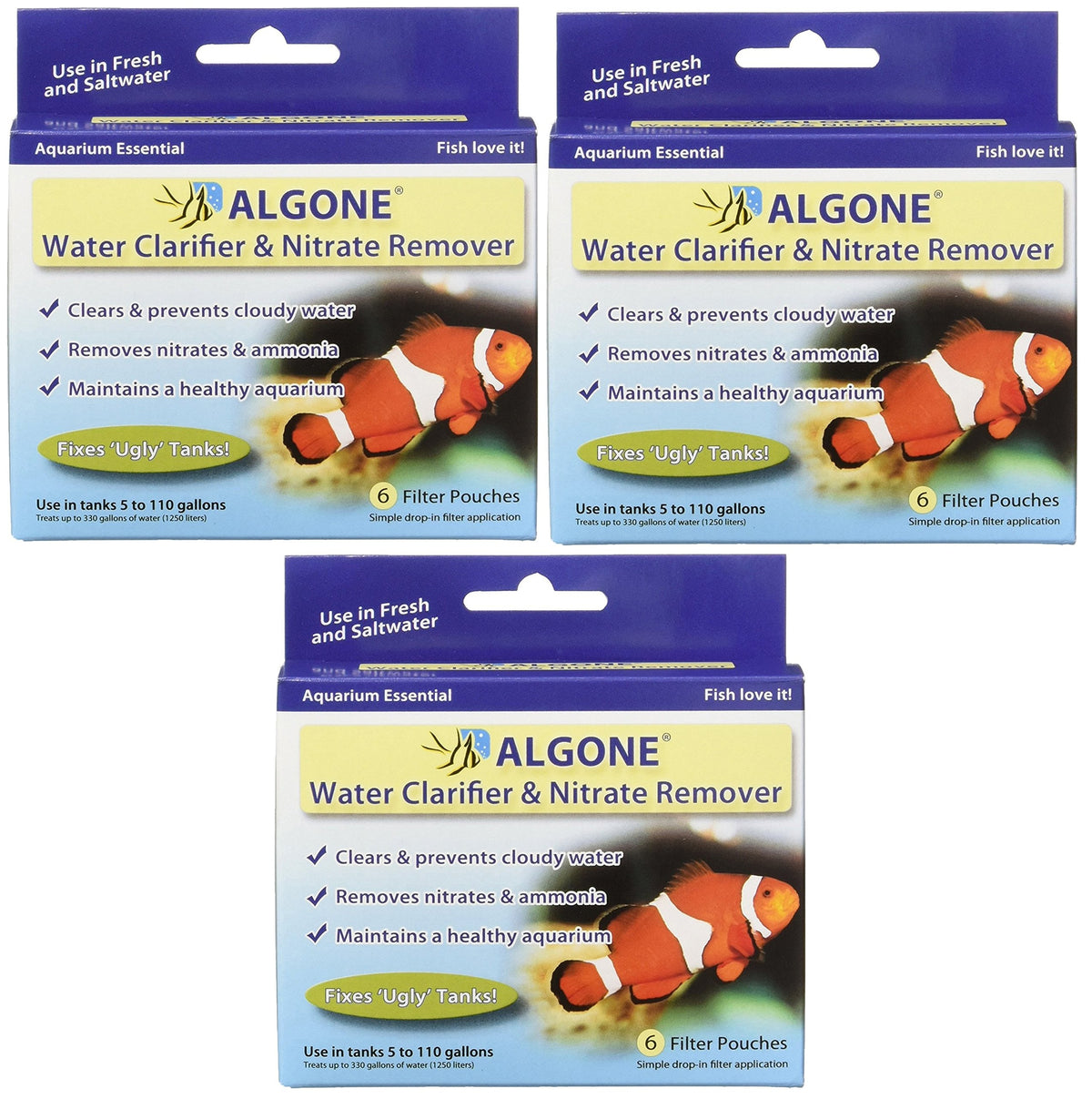 Algone water clarifier packaging shows 3-pack for clearer aquarium water