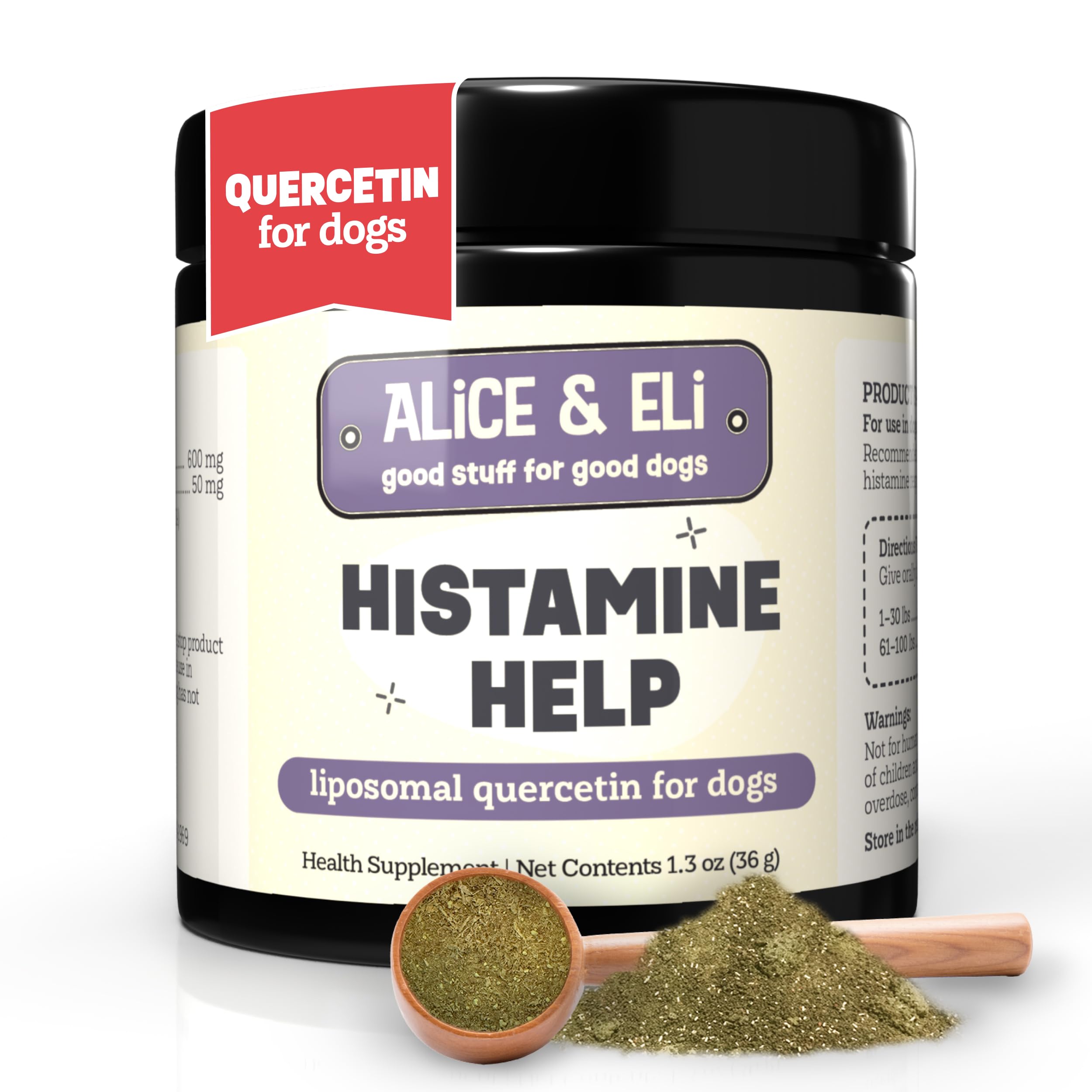 Alice & Eli Quercetin for Dogs bottle with dosing cup for easy allergy support.