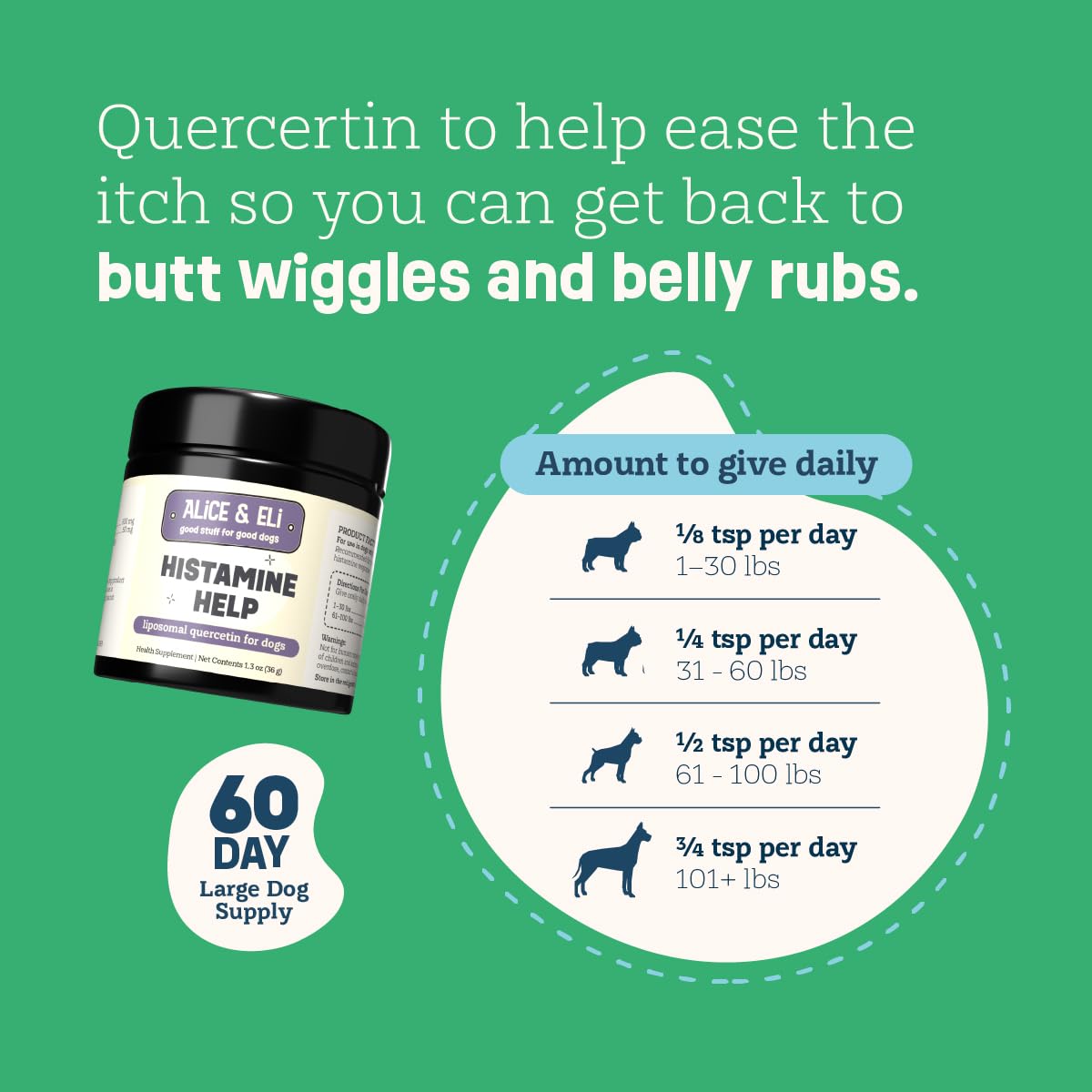 Alice & Eli Quercetin for Dogs dosing scene with scoop for daily routine.