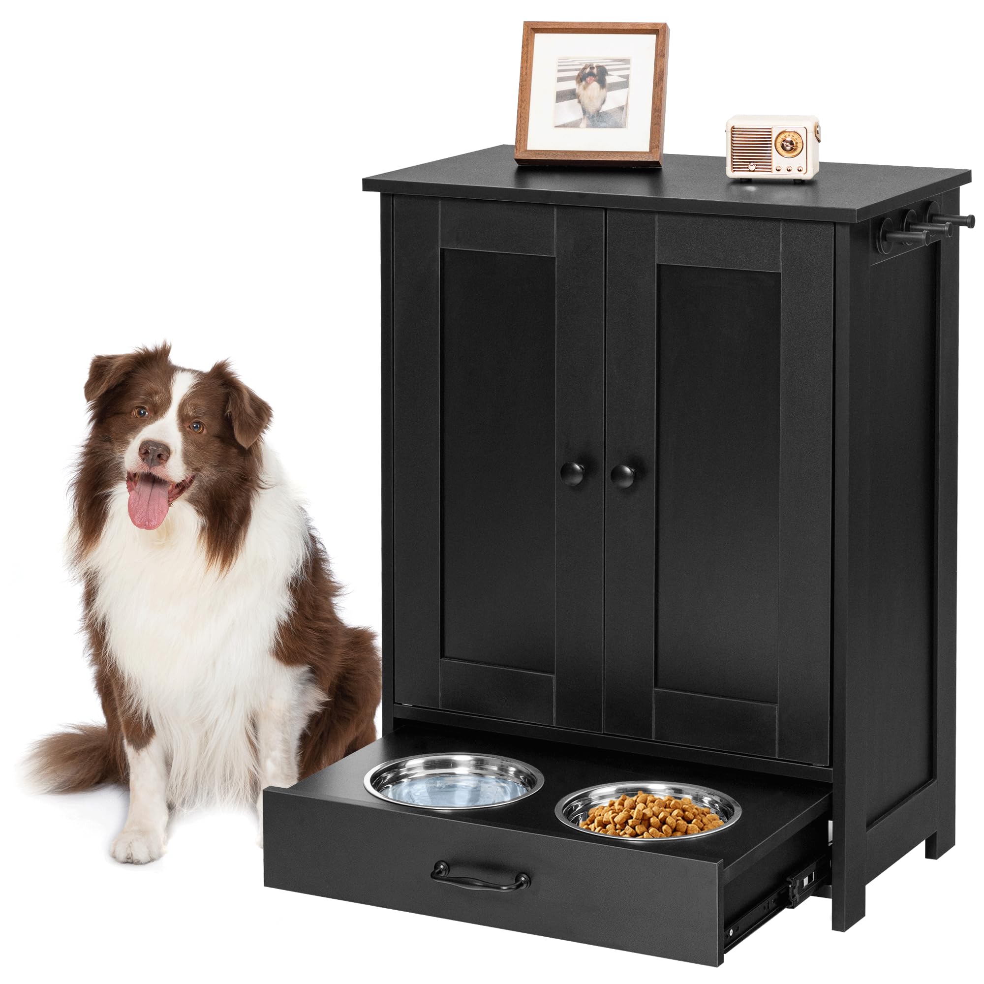 ALINE FURNITURE dog feeding station front view highlights space-saving storage for tidy spaces