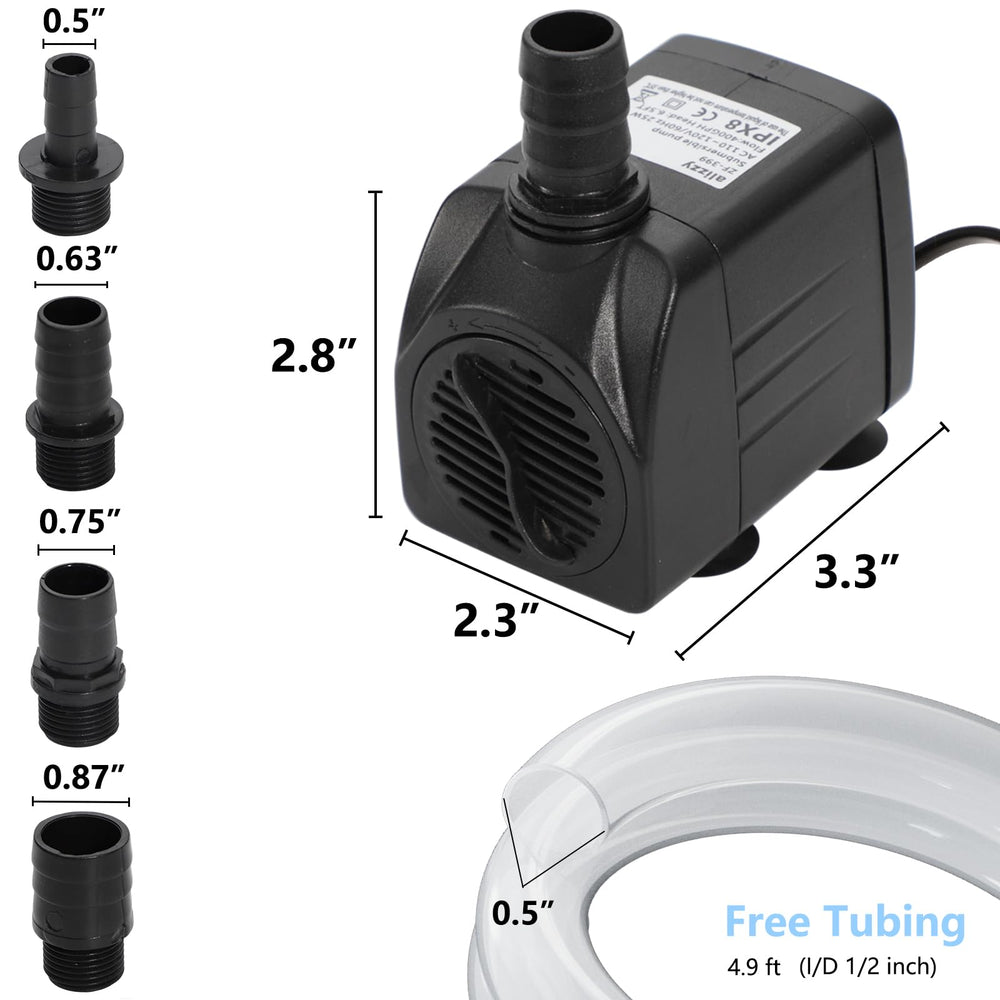 Alizzy 400GPH pump side detail, emphasizes high lift potential for taller setups.