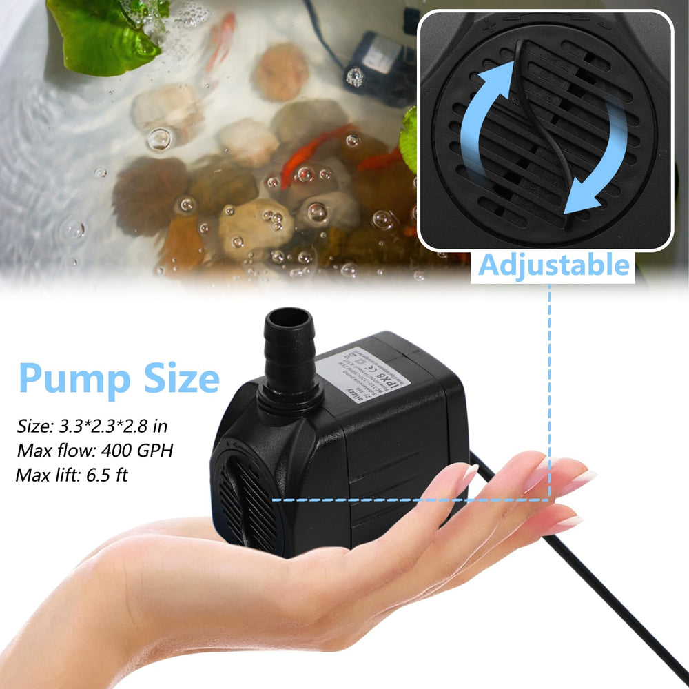 Alizzy 400GPH pump with tubing, ready for quick fountain or hydroponic install.