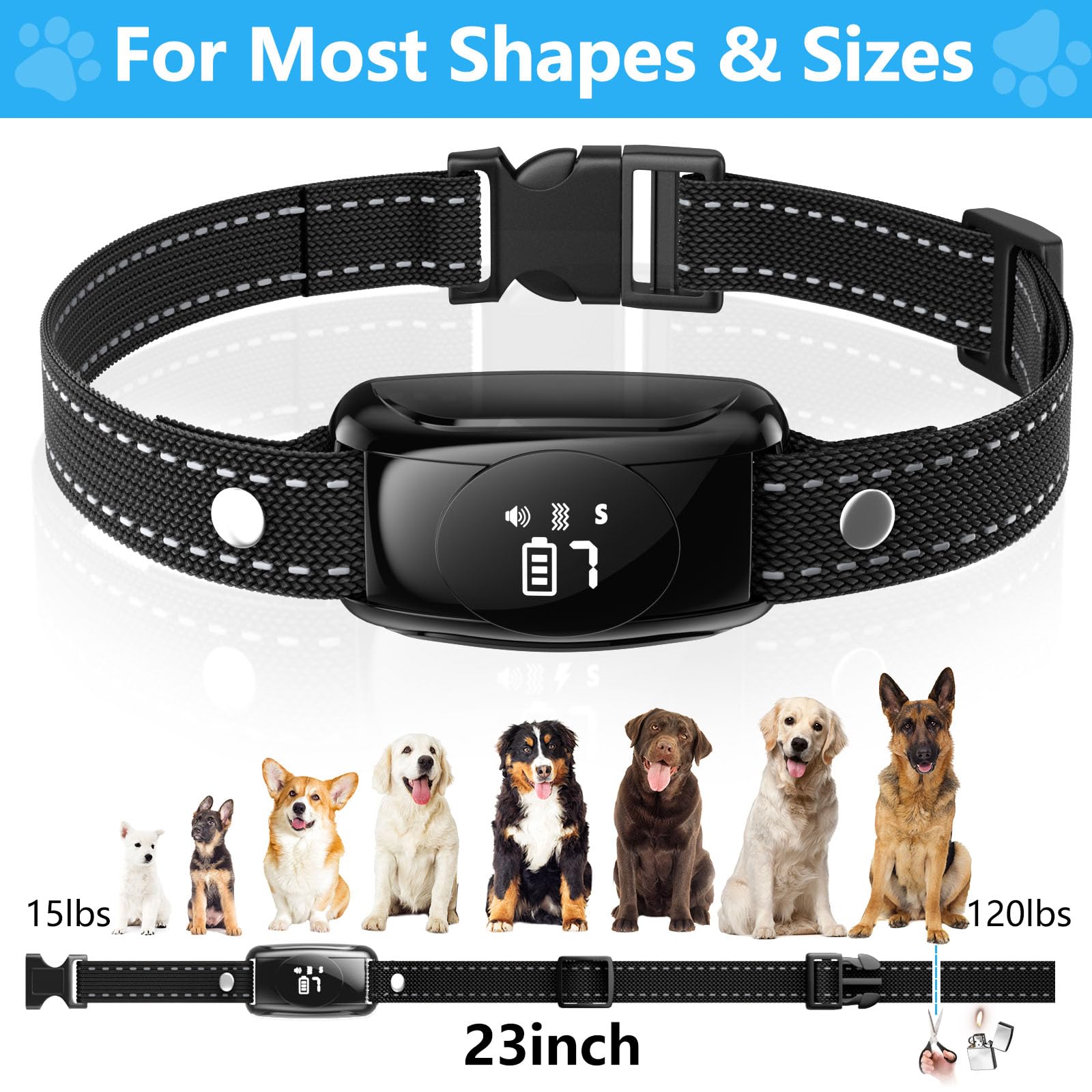 ALKD dog bark collar adjustable-sizes illustration with silicone covers.