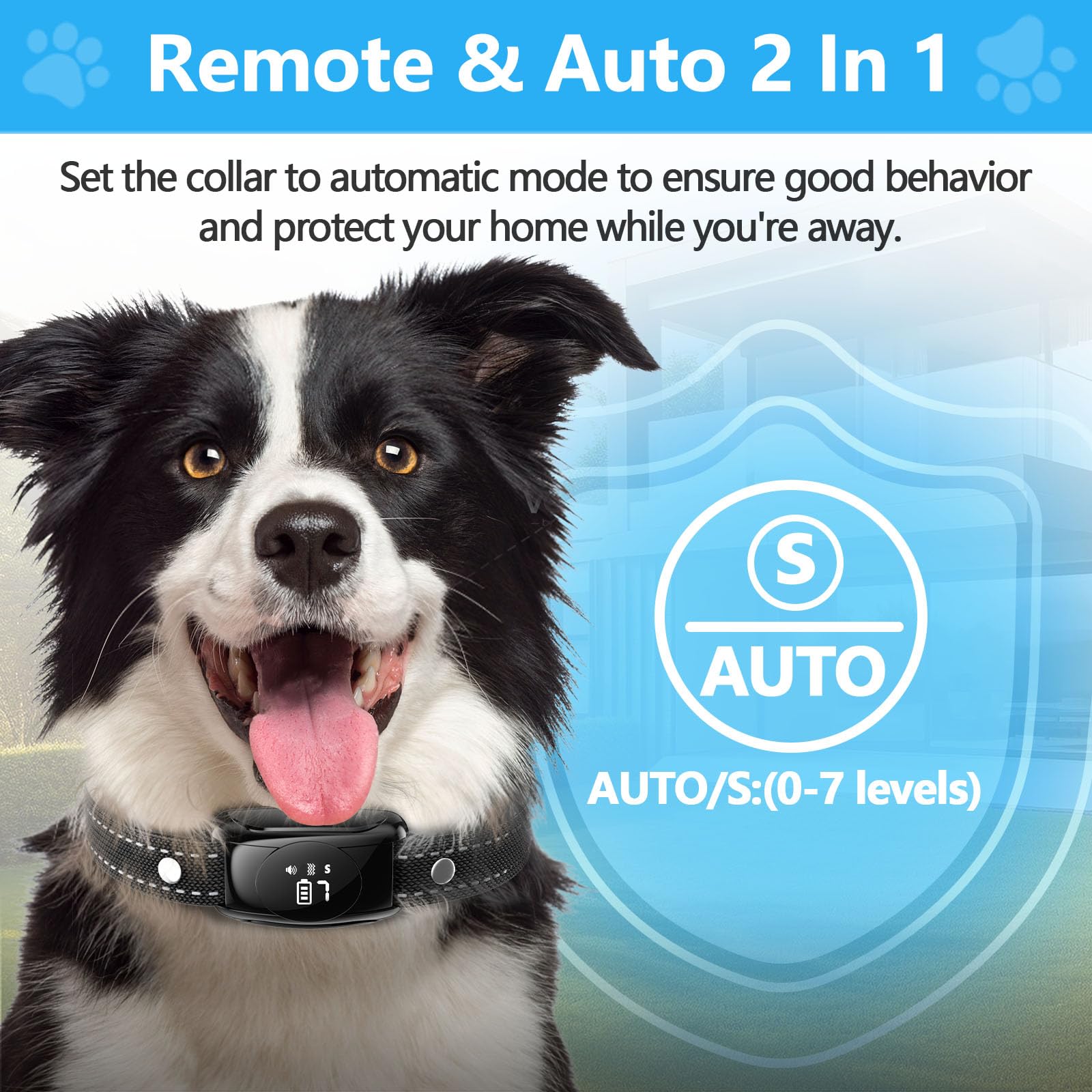 ALKD dog bark collar auto-mode image highlights automatic gentle cues.