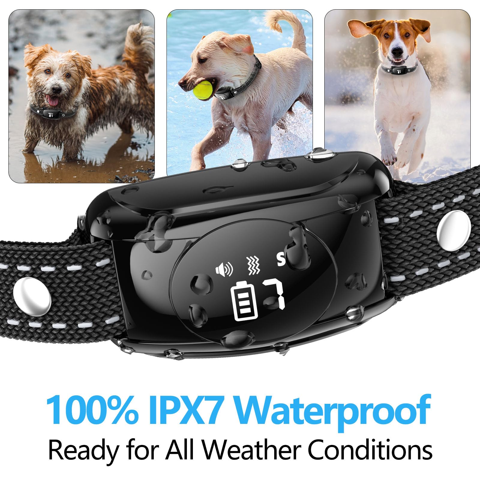 ALKD dog bark collar ipx7-waterproof icon shows weather-ready training.