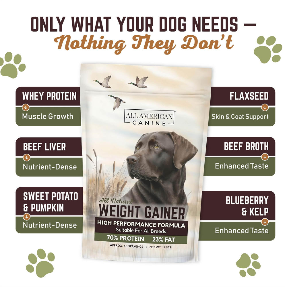 All American Canine weight gainer ingredients include beef broth protein and flaxseed for nourishment.