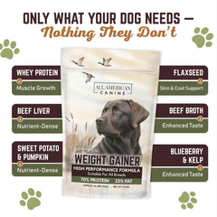 All American Canine weight gainer ingredients include beef broth protein and flaxseed for nourishment.