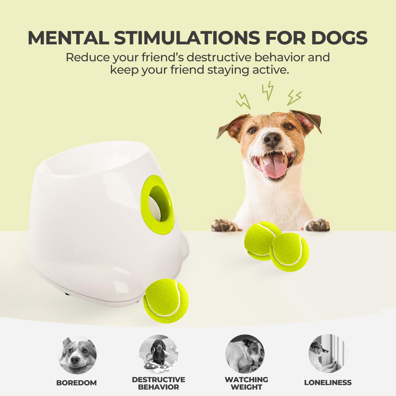 ALL FOR PAWS Ball Launcher in use with dog demonstrates independent play enrichment.