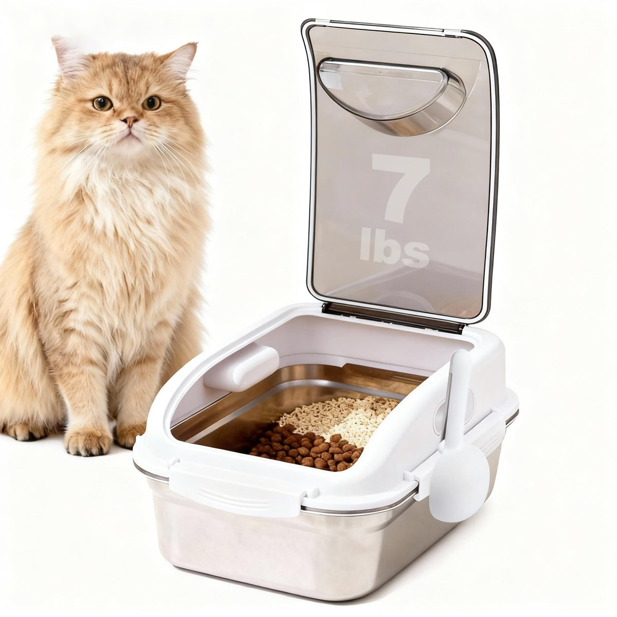 ALL FOR PAWS container with lid closed demonstrates secure, odor-free dry pet food storage.