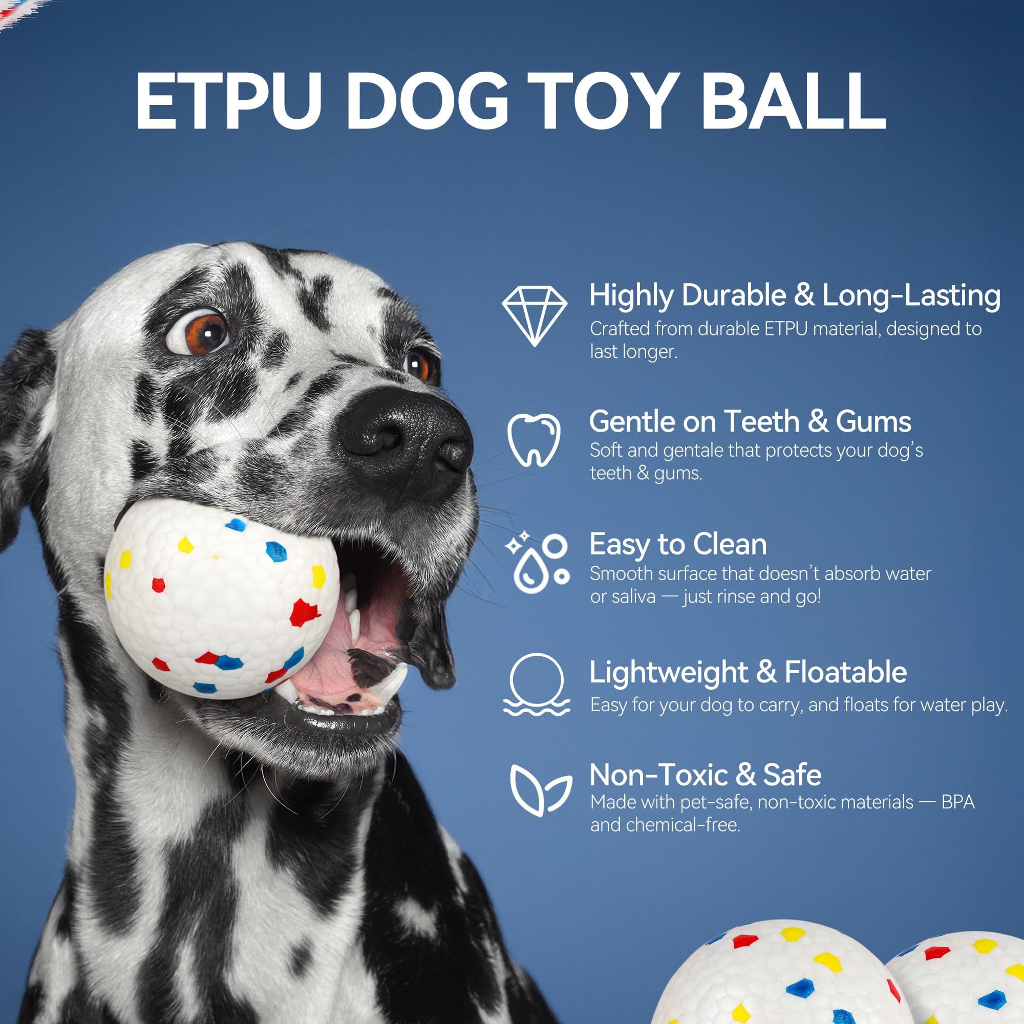 ALL FOR PAWS ETPU balls closeup, durable and gentle on teeth.