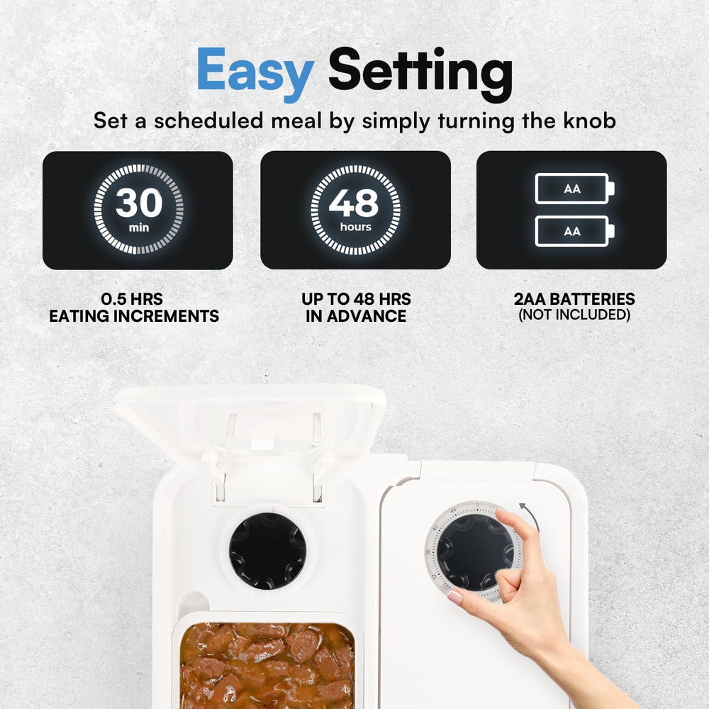 ALL FOR PAWS feeder dispensing action demonstrates timed portions.