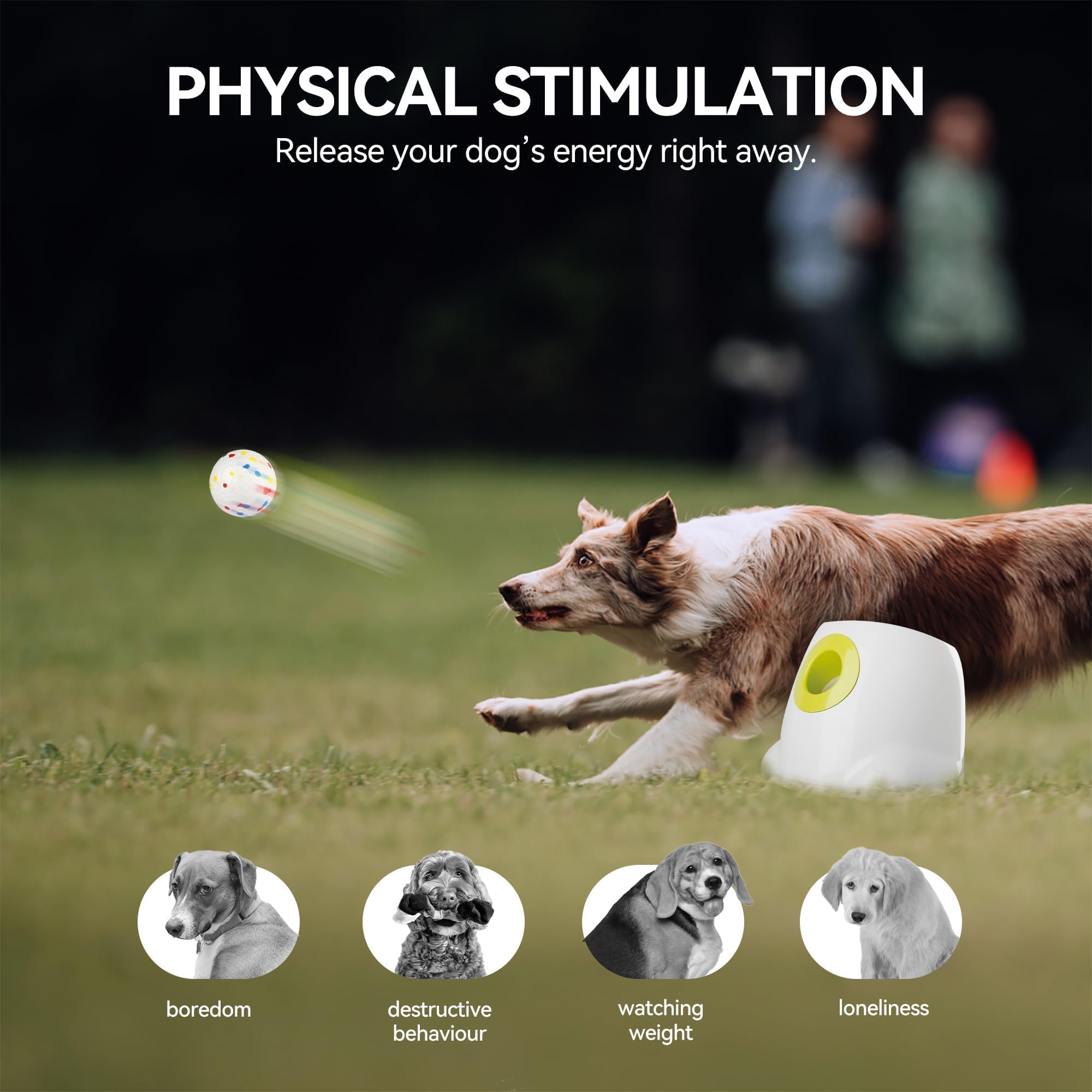 ALL FOR PAWS launcher side view highlighting portable cordless operation for outdoor play.