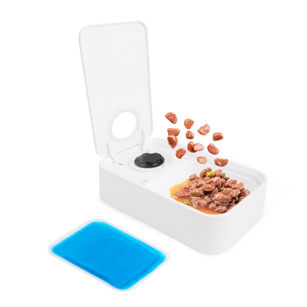 ALL FOR PAWS Timed Dog Feeder with Ice Pack front view demonstrates fresh food storage