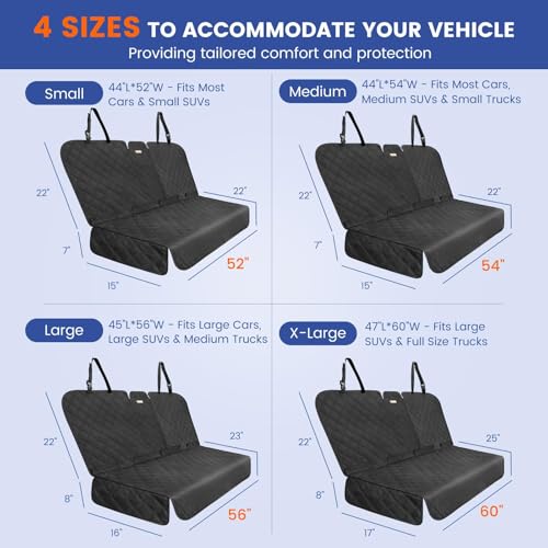 ALLANSING back seat cover 4-sizes-fit communicates versatile sizing for various vehicles from compact cars to full-size trucks.