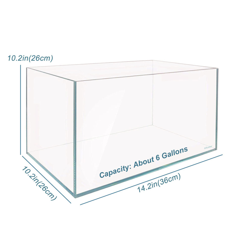 Allcolor Ultra Clear Rimless Aquarium Tank 6 Gal side view highlights slim profile.