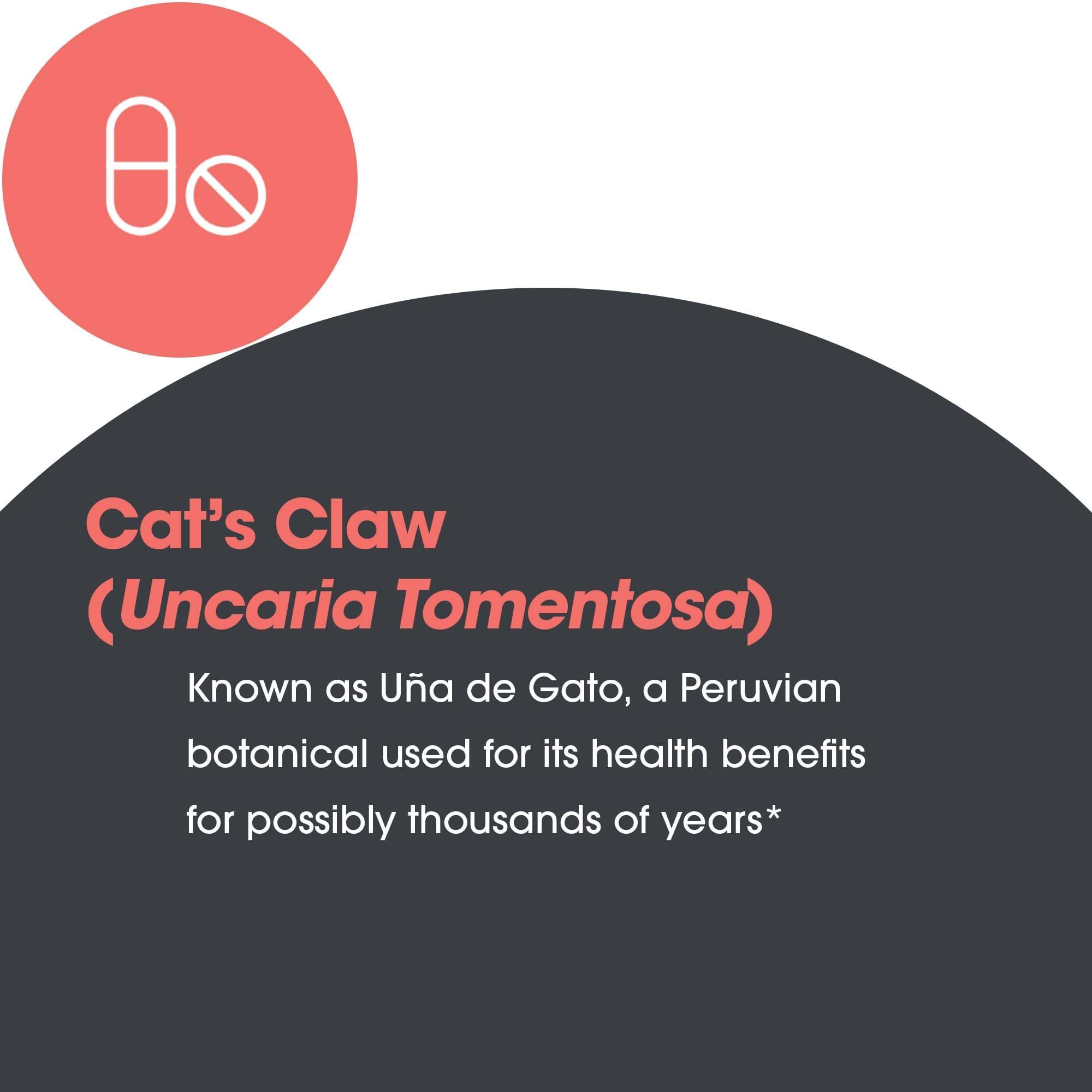 Cat's Claw dosage capsule closeup illustrating suggested use