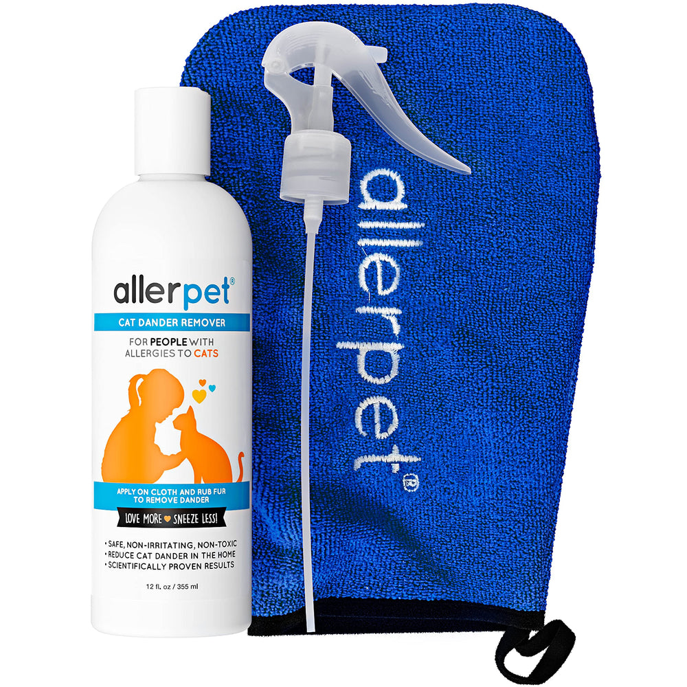 Allerpet bottle front label demonstrates a fragrance-free, pet-safe dander remover for cats.