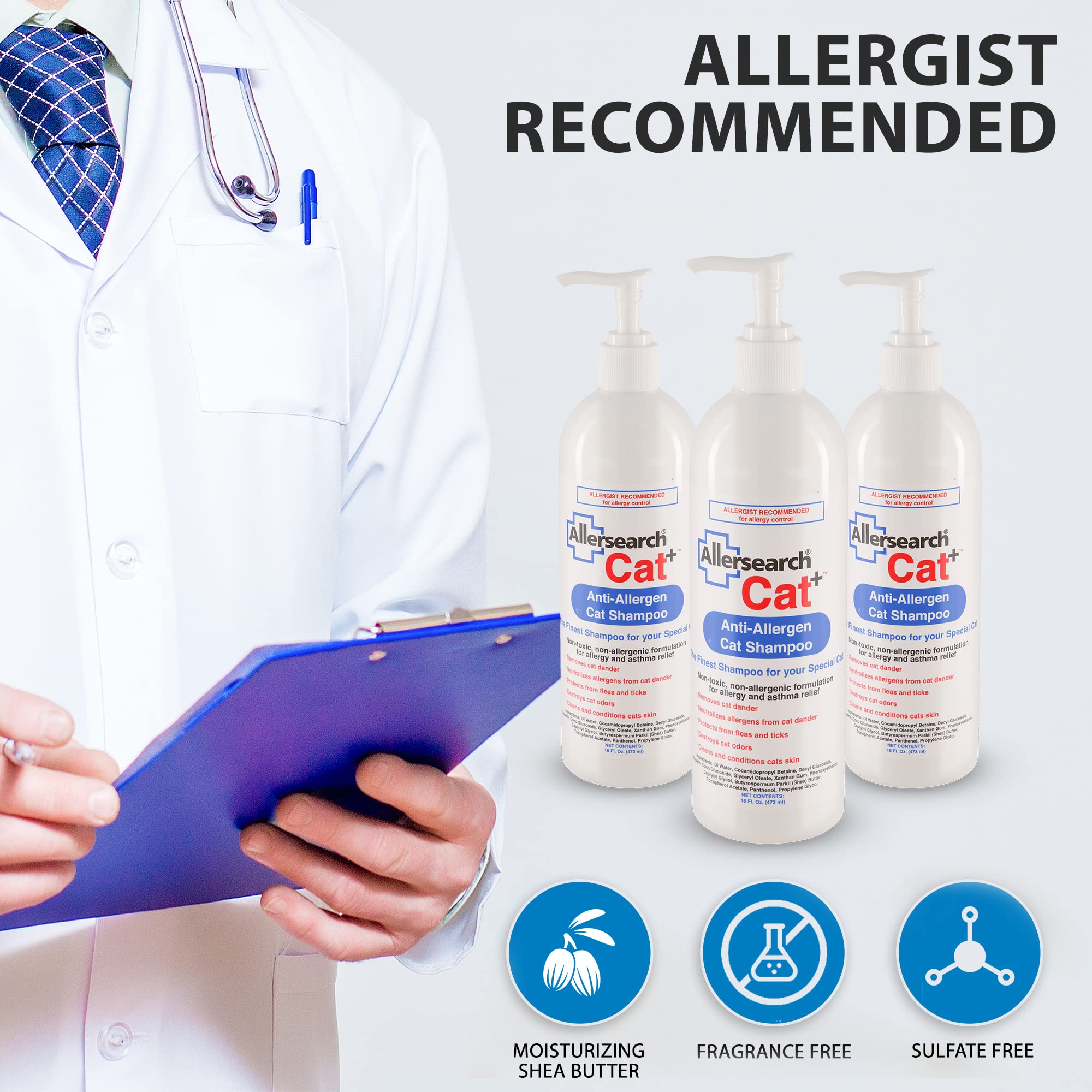 Allersearch Cat+ Anti-Allergen rinse scene emphasizes thorough rinsing and residue removal