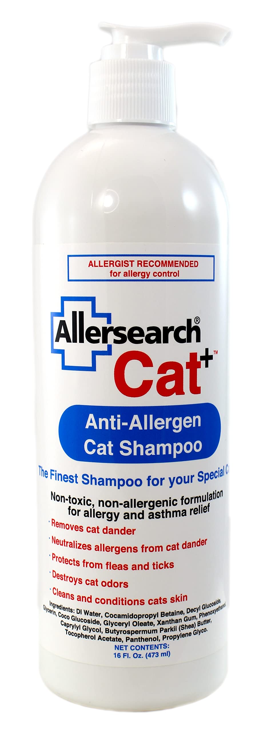 Allersearch Cat+ Anti-Allergen shampoo bottle front showing gentle cleanse and dander reduction