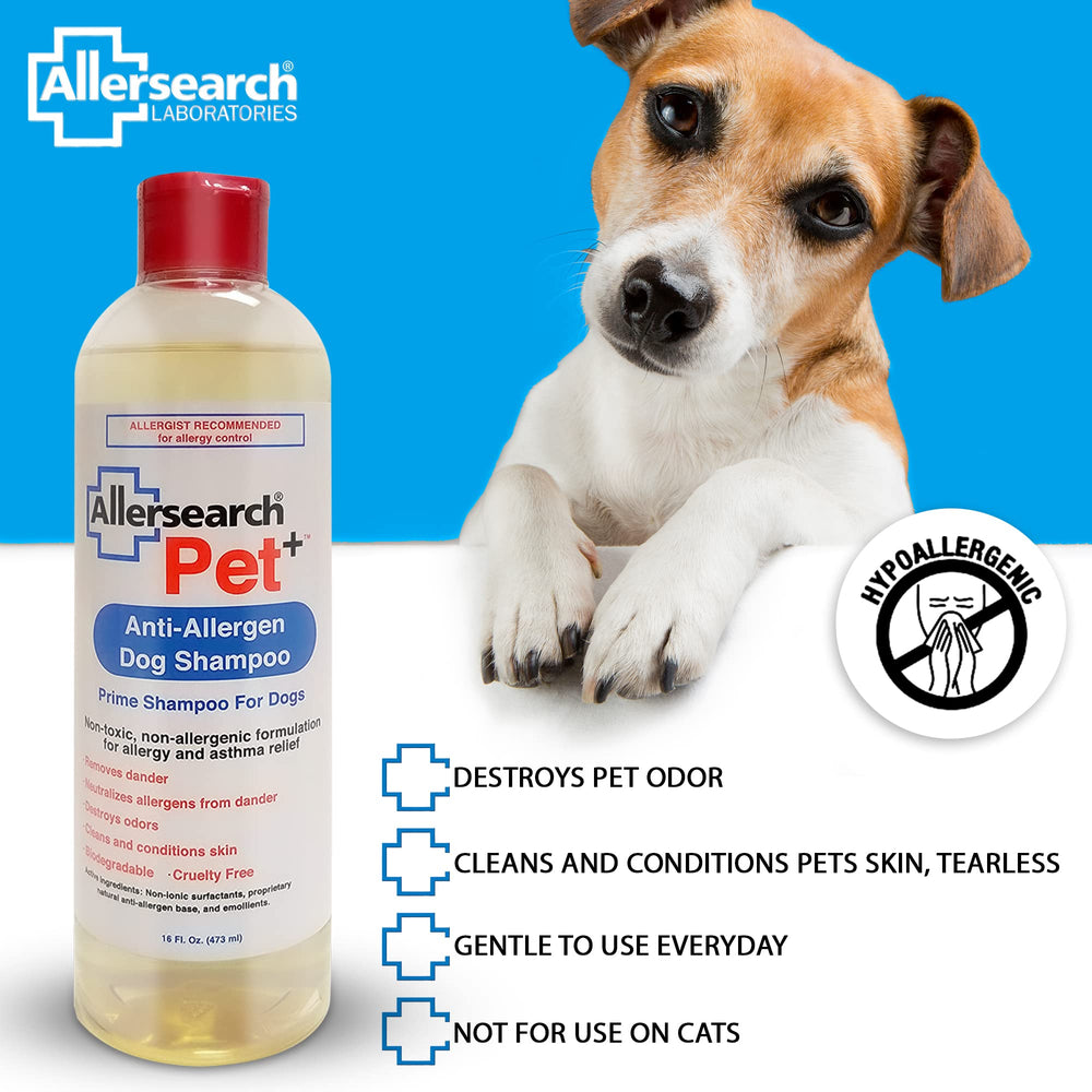 Allersearch Pet+ shampoo bottle highlights hypoallergenic formula for sensitive skin care.
