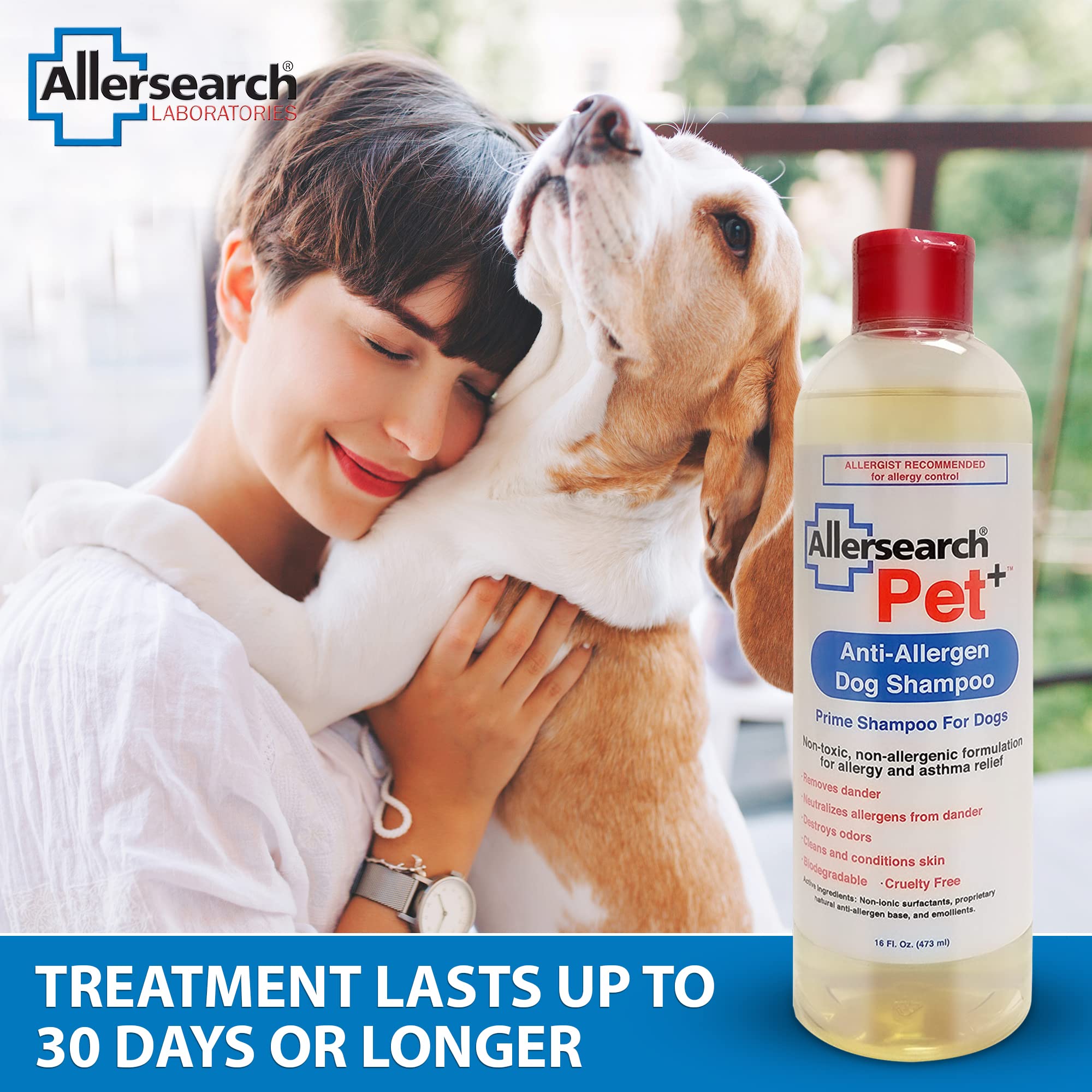 Allersearch Pet+ shampoo with tea tree oil for a naturally refreshed coat.