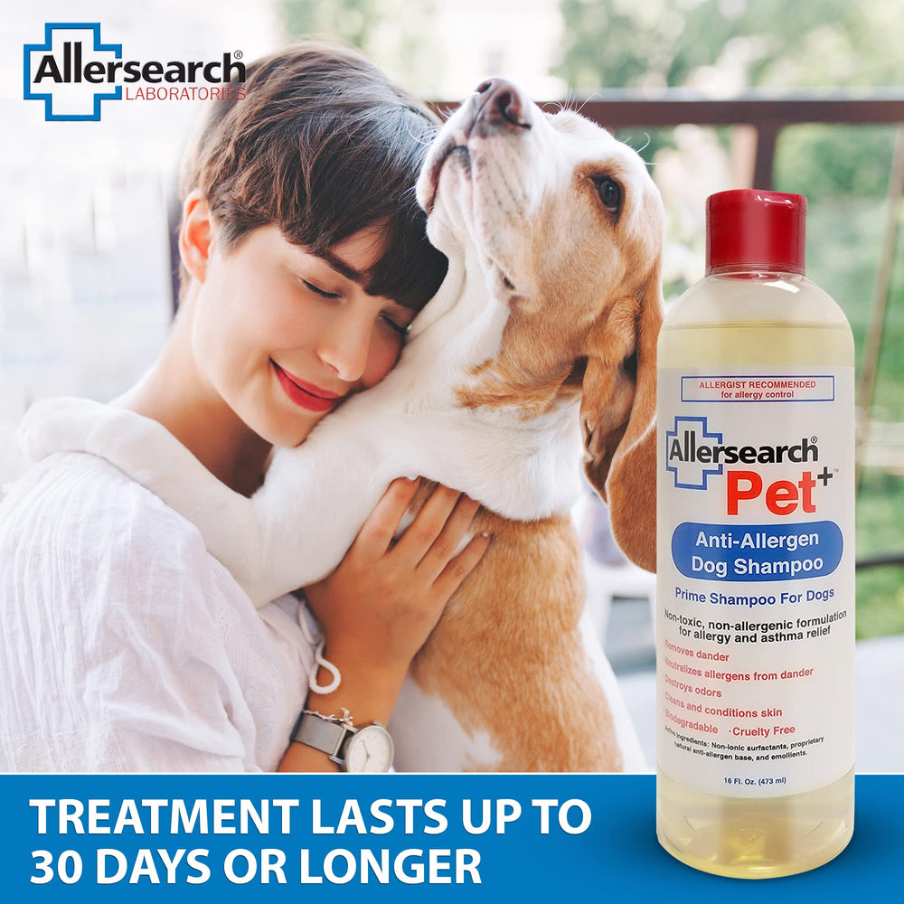 Allersearch Pet+ shampoo with tea tree oil for a naturally refreshed coat.