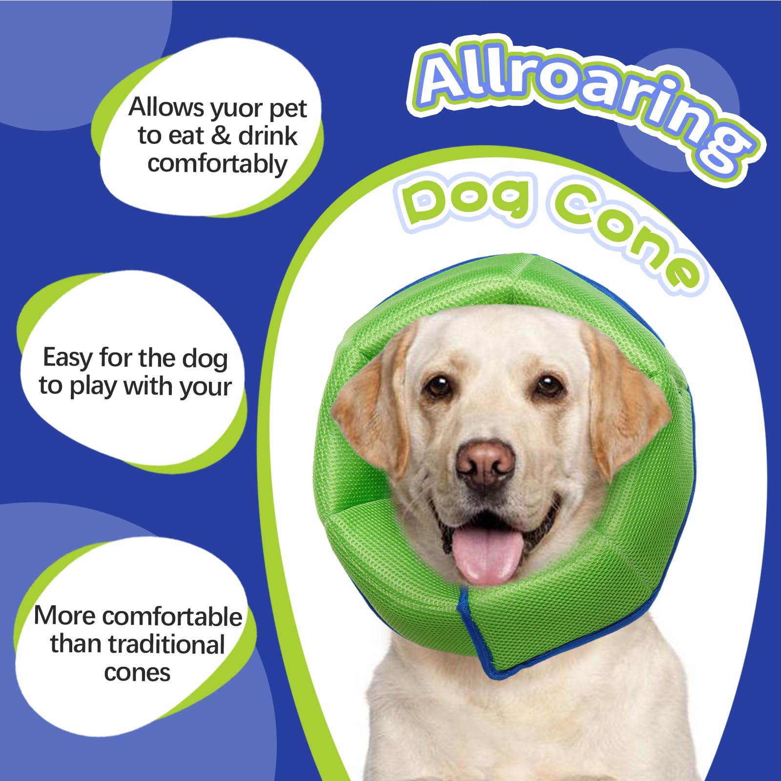 Allroaring dog cone collar allows eating, drinking, and sleeping comfortably.