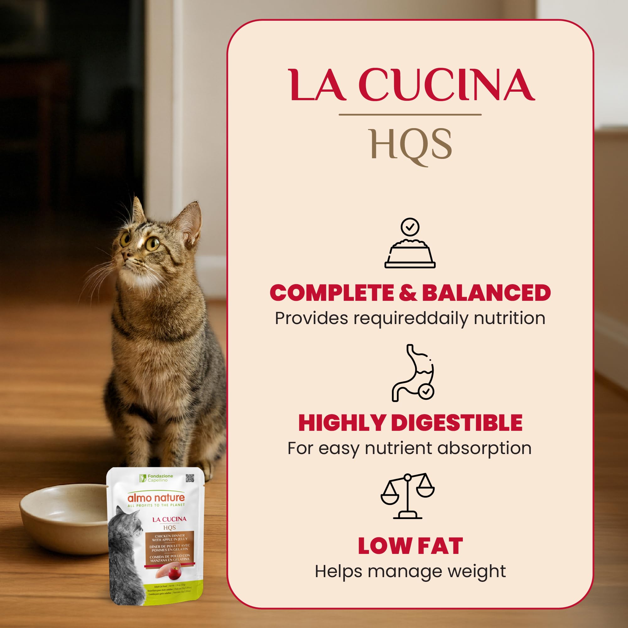 Almo Nature HQS cat-food-closeup-ingredients spotlights chicken as first ingredient.
