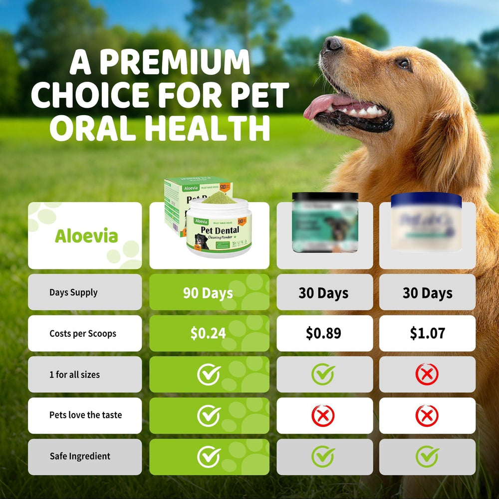 Aloevia dog dental powder bottle close-up with scoop for precise daily dosing.