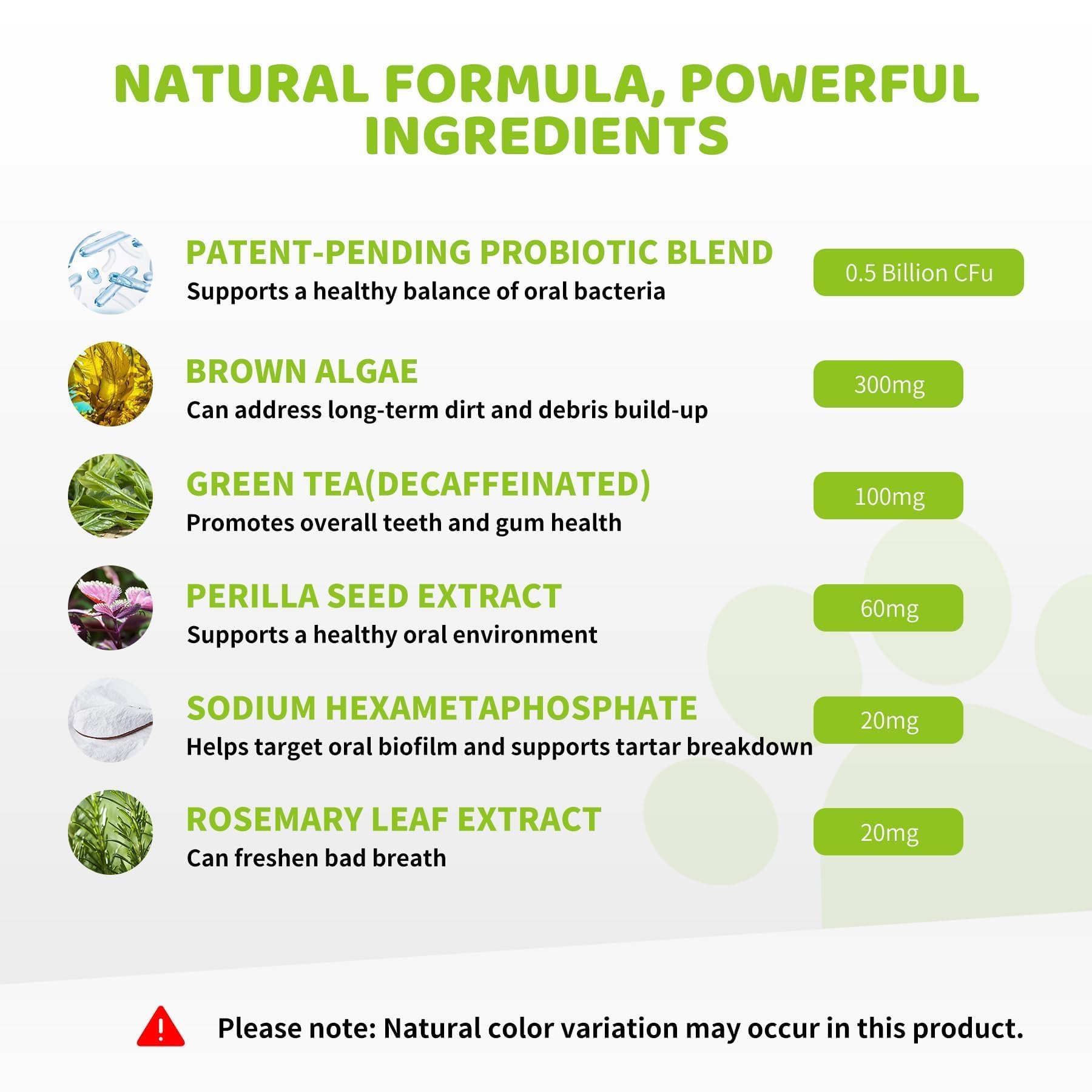Aloevia dog dental powder highlights green tea ingredient for natural freshness.