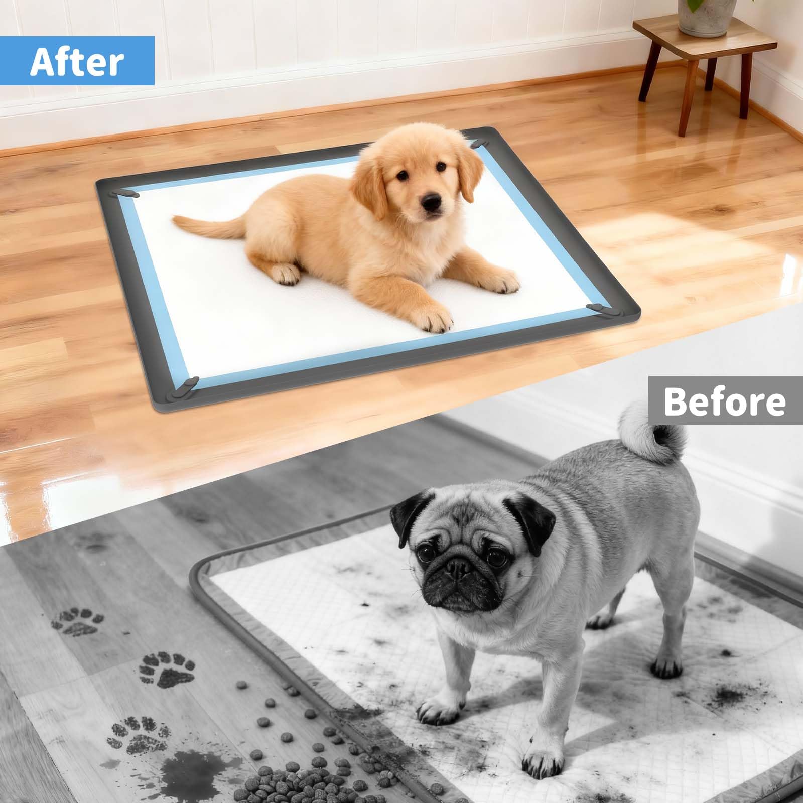 ALOOF Pee Pad Holder non-slip-base photo shows stable placement on various floor types