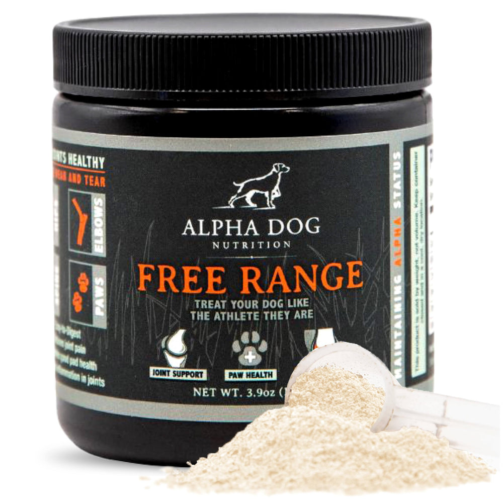 Alpha Dog Nutrition Free Range Joint Supplement bottle shows premium packaging for joint support