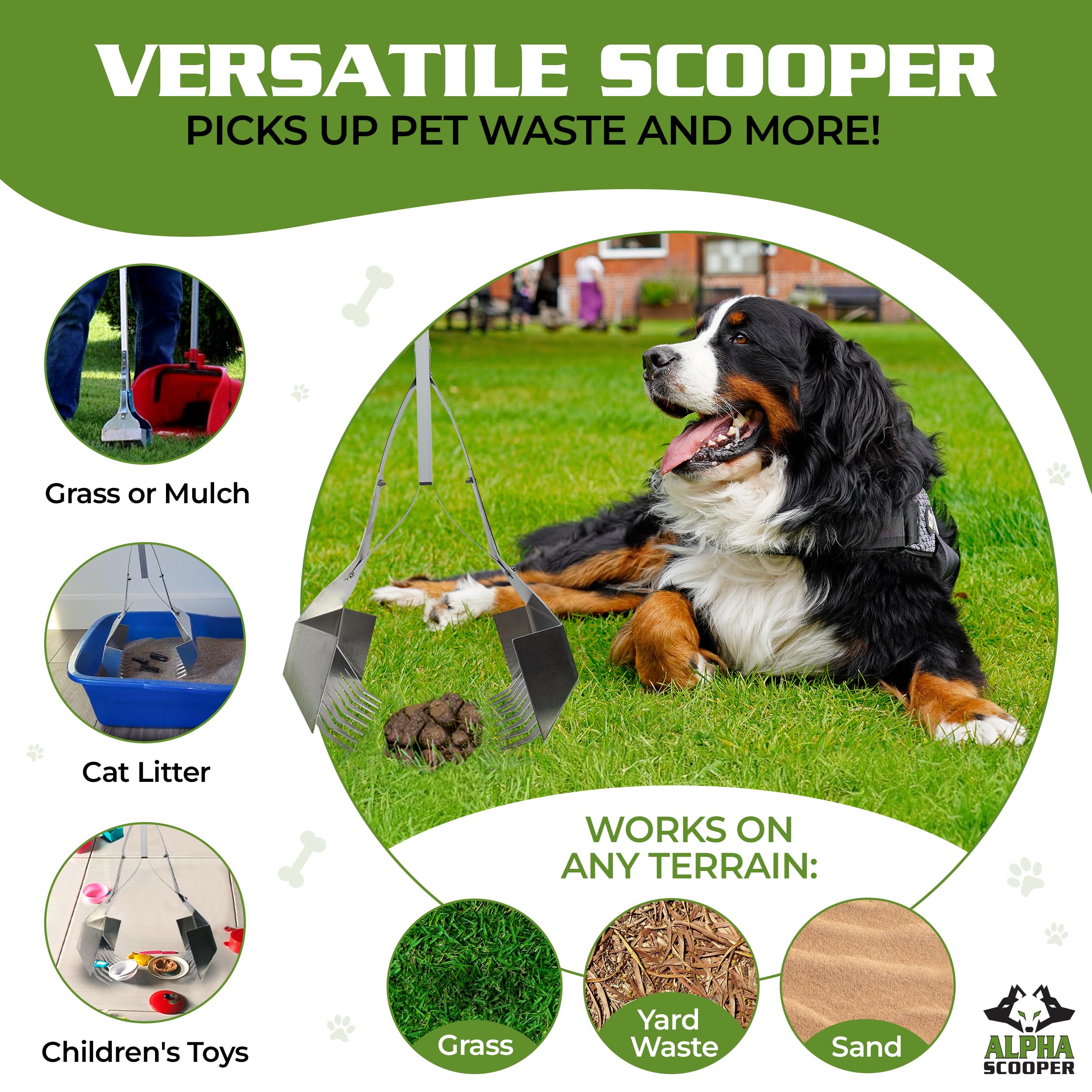 Alpha Scooper easy-cleanup action saves time during pet waste tasks