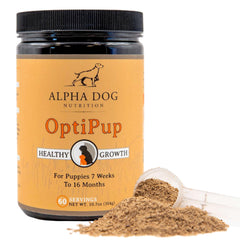 Alpha Dog Nutrition OptiPup bottle close-up highlighting puppy growth support.