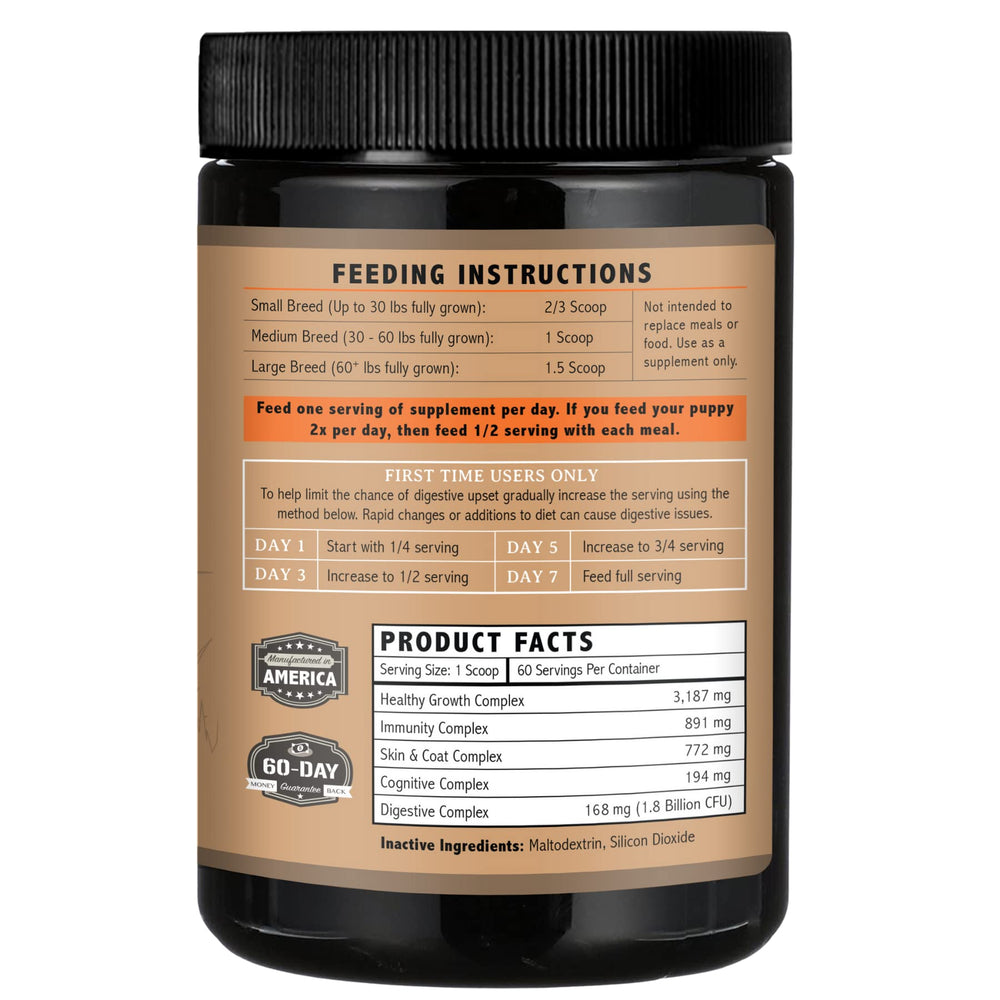 Alpha Dog Nutrition OptiPup healthy-growth-foundation image shows 60-serving supply.