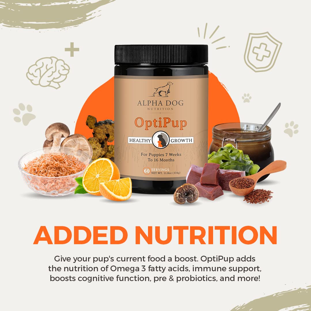 Alpha Dog Nutrition OptiPup immune-mushrooms photo highlights immune and overall wellness support.