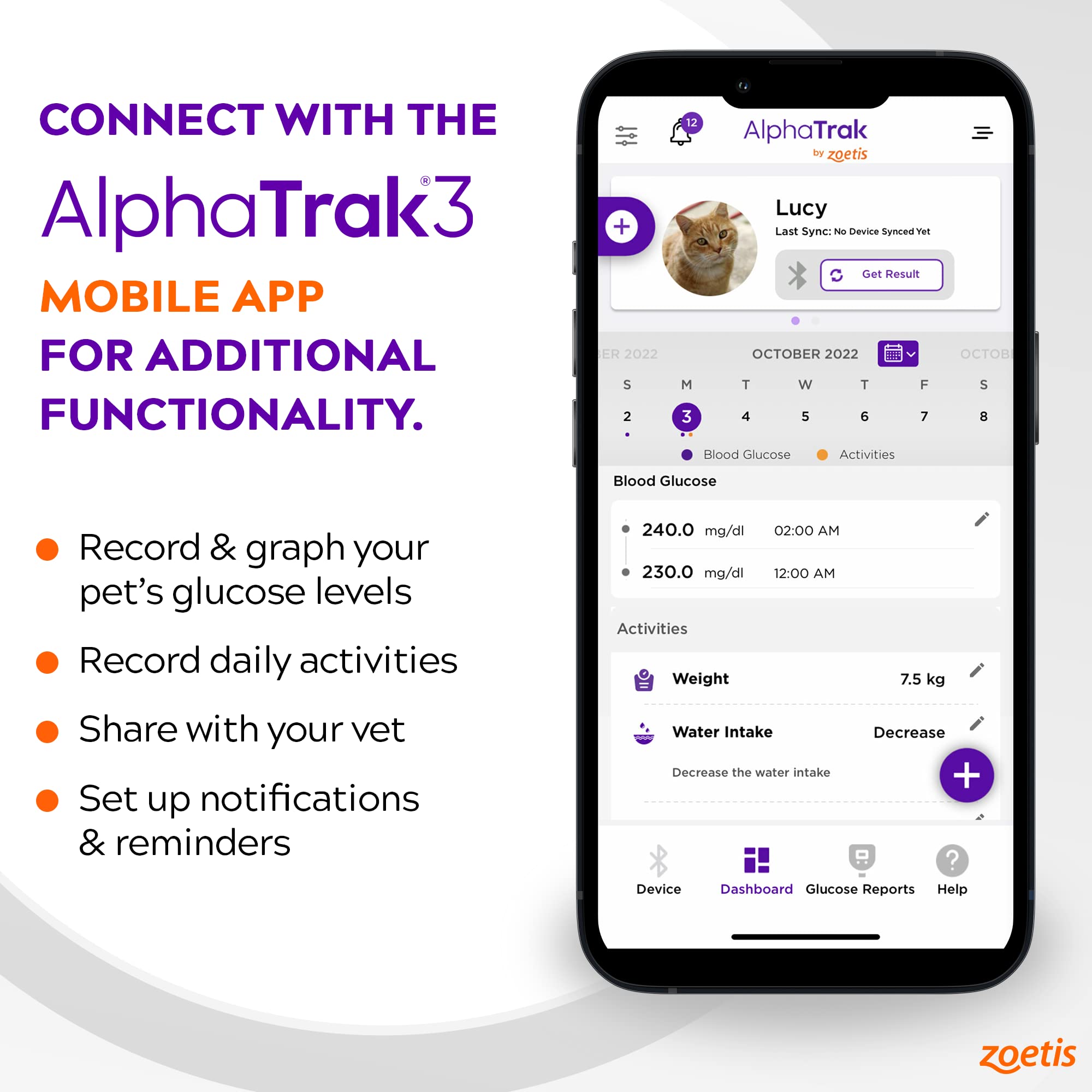 AlphaTrak 3 mobile app graphing pet glucose trends.