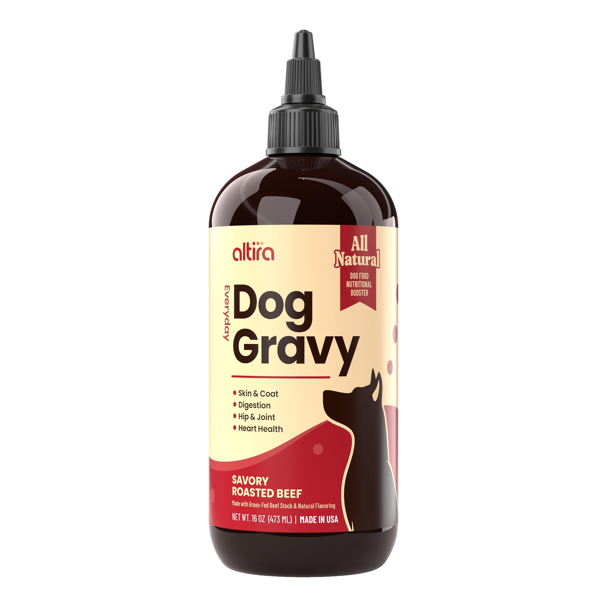 Altira Everyday Dog Gravy Beef bottle shows easy daily topping with joint support potential.