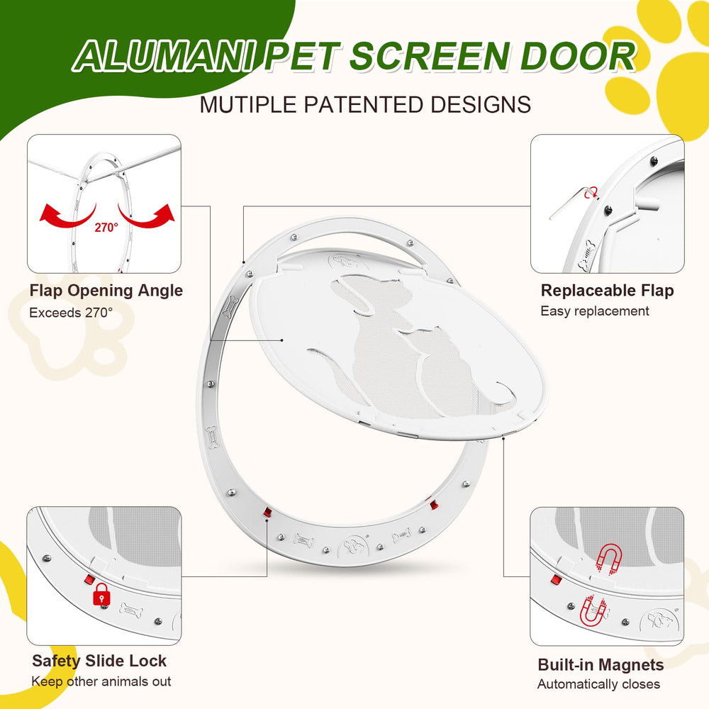 ALUMANI dog door screen door magnetic flap, auto close adds insect protection.