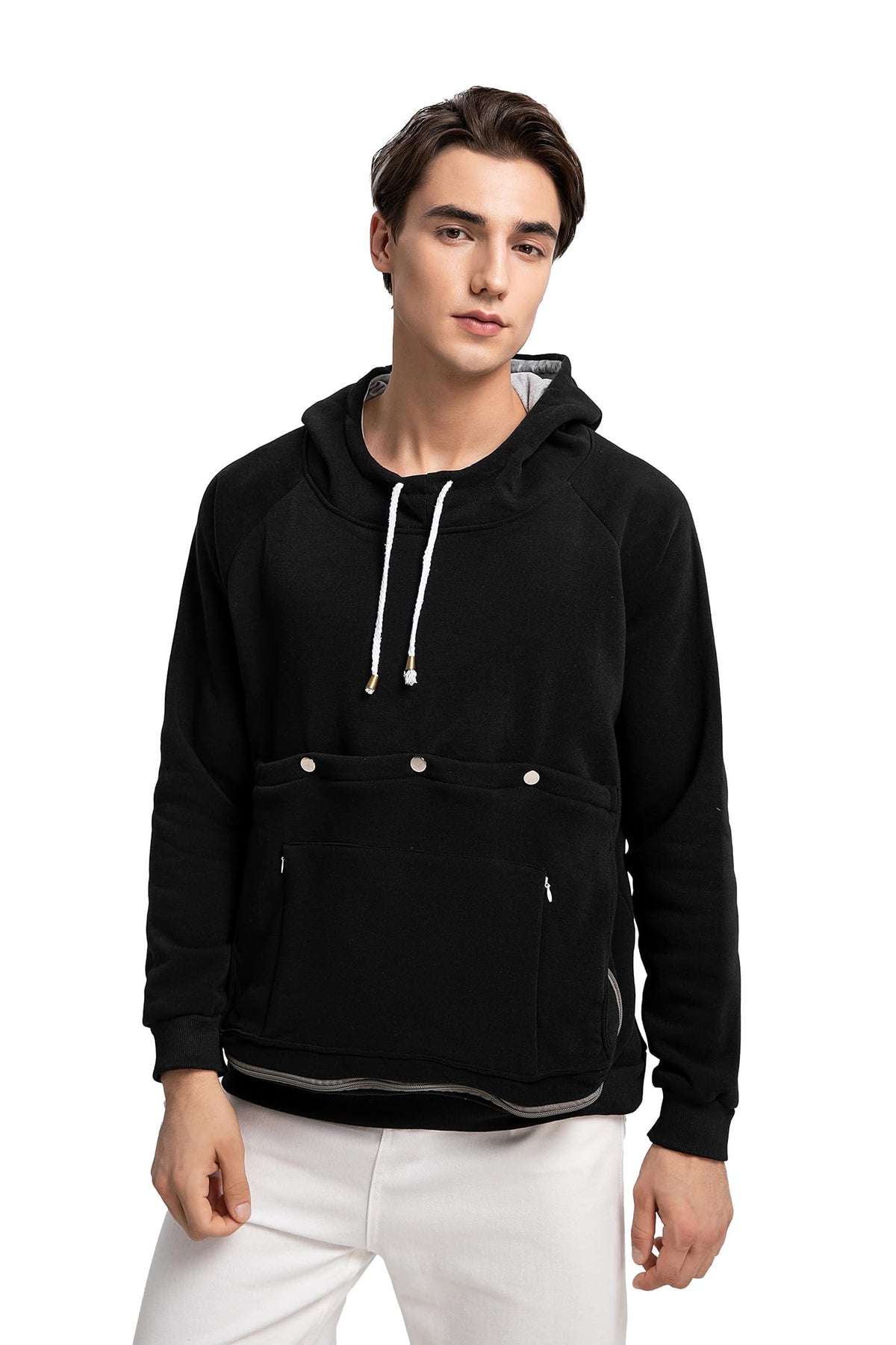 ALYC Cat Dog Carrier Hoodie shown during a walk with pet in pocket for hands-free ease