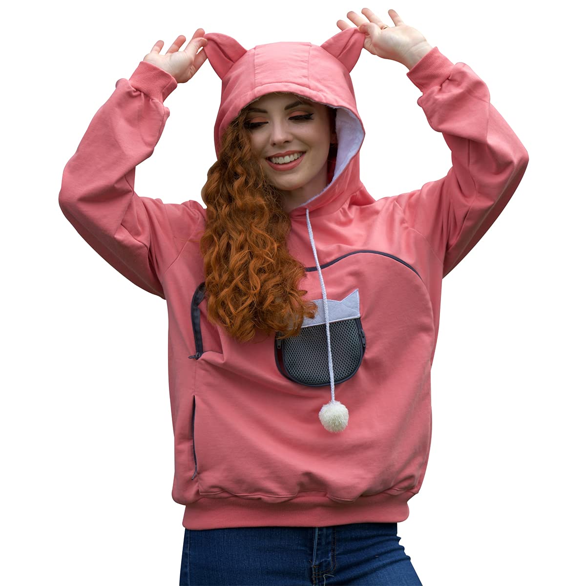 ALYC hoodie pet holder front view shows roomy pouch for you and pet warmth