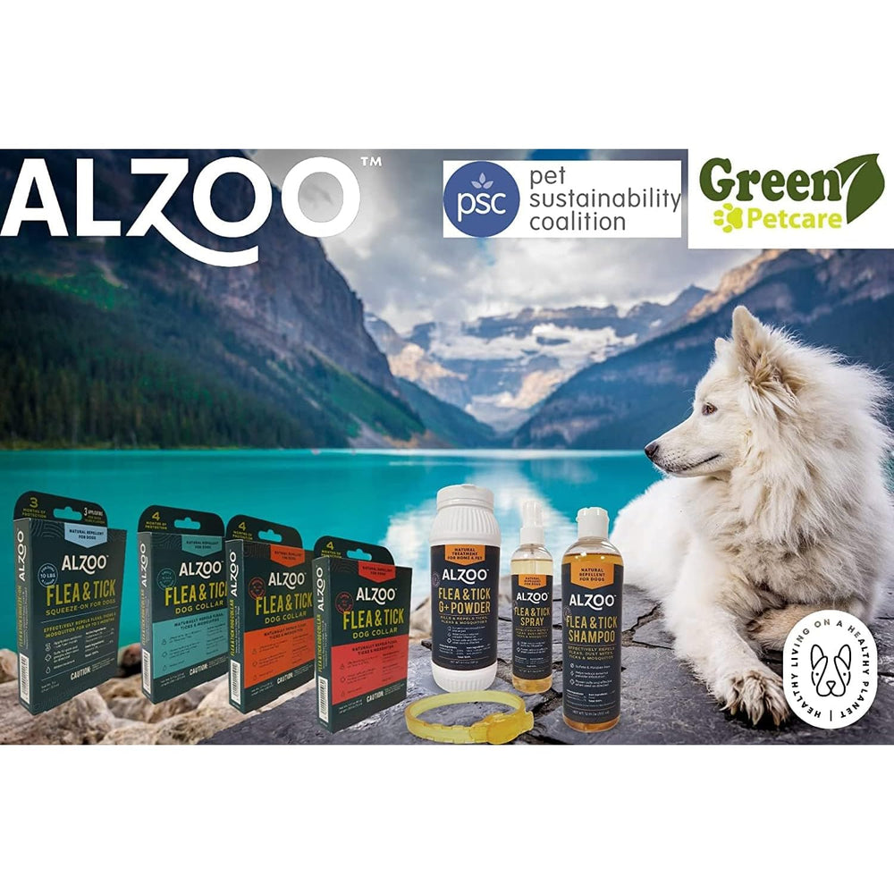 ALZOO dog exploring yard wearing collar for flea and tick deterrence during outdoor play