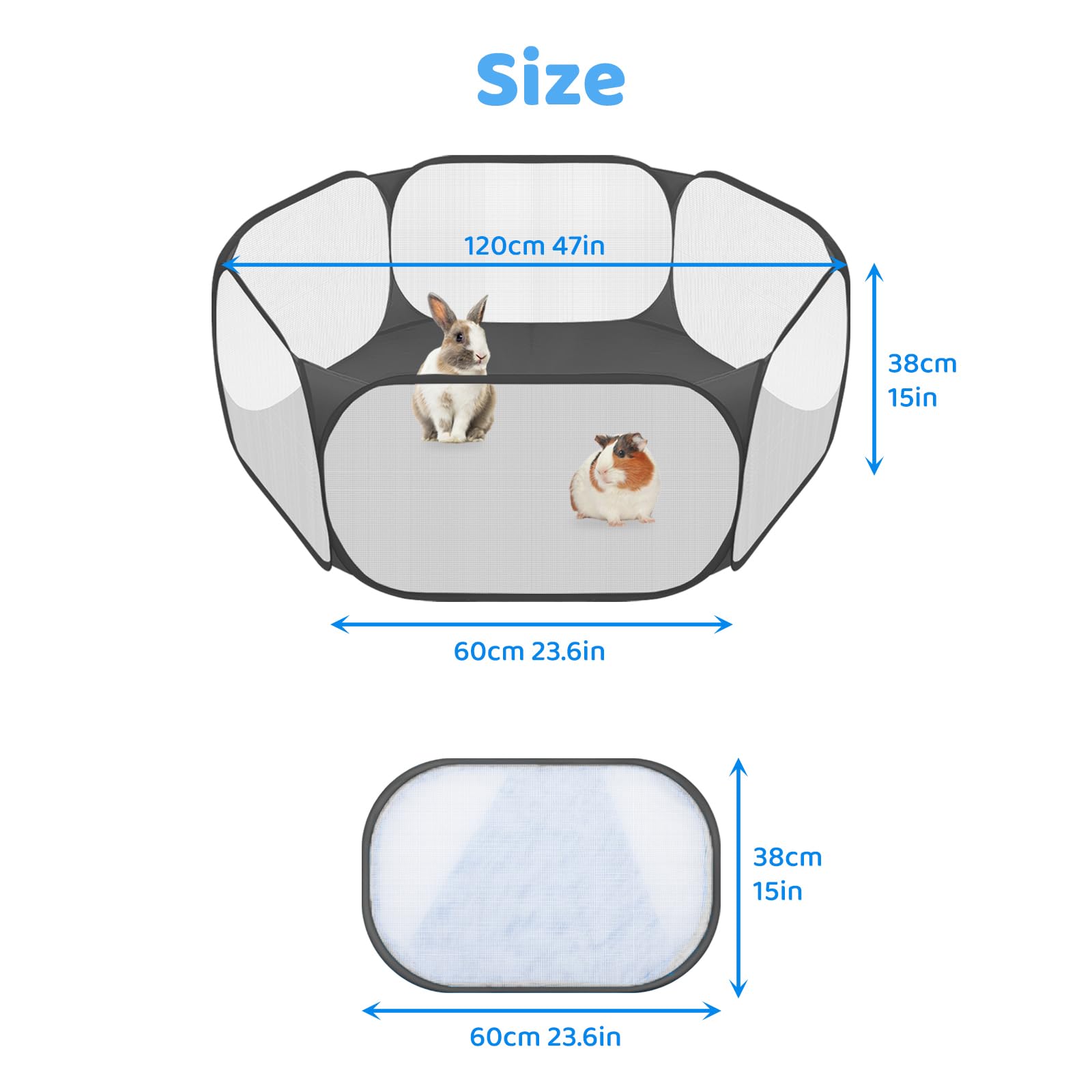 Amakunft playpen expanded size 47 by 15 inches, giving 10 sq ft space.