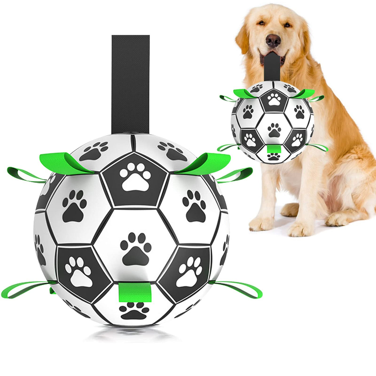Amasiver dog soccer ball toy with straps for secure fetch and tug-of-war fun.