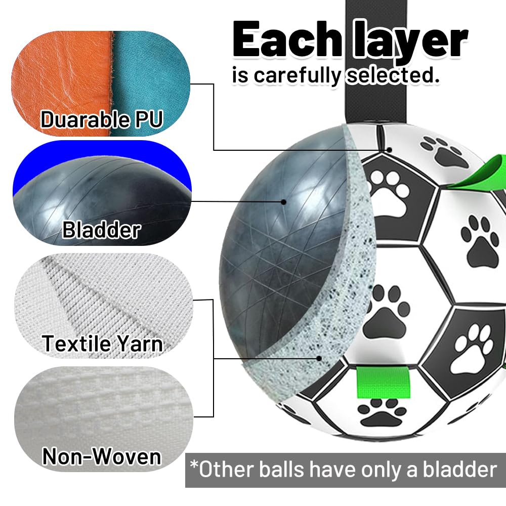 Amasiver dog soccer ball toy's long nylon strap enhances interactive tug of war sessions.