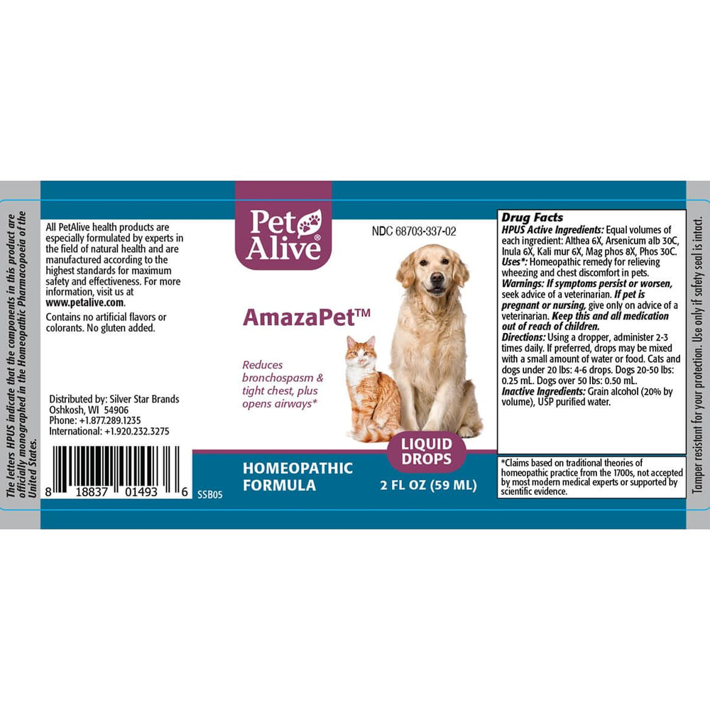 HPUS-listed ingredients form the homeopathic AmazaPet formula for gentle breathing support.