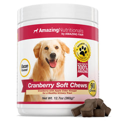 Amazing Cranberry for Dogs bottle with bacon-flavor chews supporting urinary health.